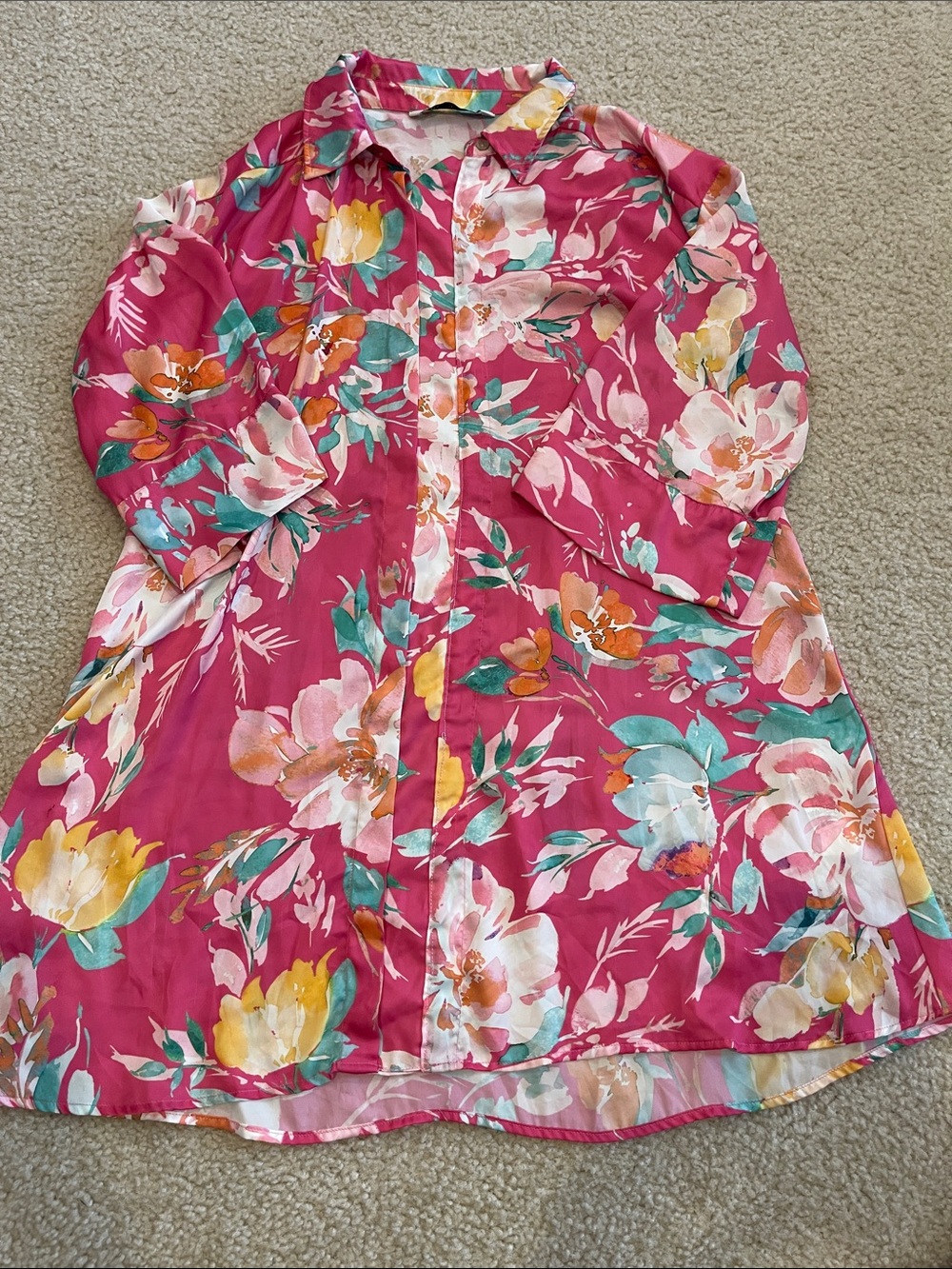 Zara Pink Floral Long Sleeve Shirt Dress Size small
